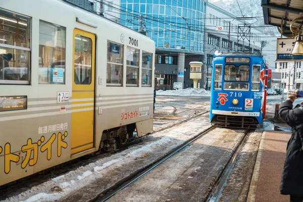 Hakodate Treno Trasporto Tram Con Neve Nella Stagione Invernale Città — Foto Stock