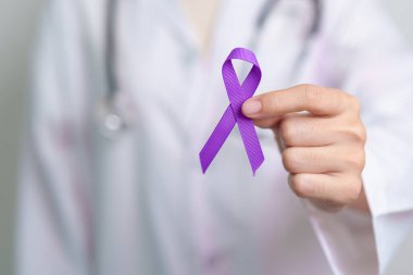 purple Ribbon for Violence, Pancreatic, Esophageal, Testicular cancer, Alzheimer, epilepsy, lupus, Sarcoidosis and Fibromyalgia. Awareness month and World cancer day concept
