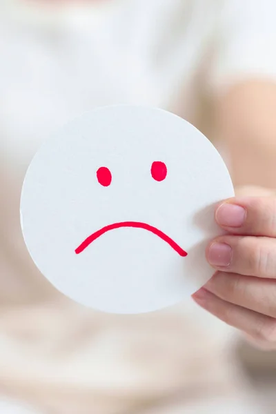 Woman show Unhappy Sad face paper, Mental health Assessment, Psychology, Health Wellness, Feedback, Customer Review, Experience, Satisfaction Survey, Negative Thinking and World Mental Health day