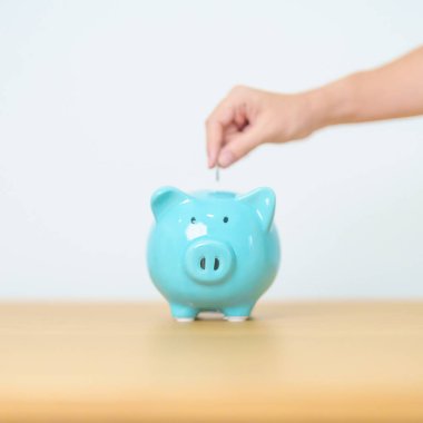 Gelecek Planı, Emeklilik Fonu, Emeklilik Fonu, Yatırım, Servet İşletmeleri ve Mali Konseptler İçin Para Tasarruf. El ele tutuşup domuz kumbarasına yatırmak, Dünya Tasarruf Günü için Para Saymak ve Bağışlamak