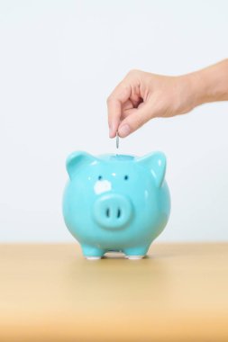 Gelecek Planı, Emeklilik Fonu, Emeklilik Fonu, Yatırım, Servet İşletmeleri ve Mali Konseptler İçin Para Tasarruf. El ele tutuşup domuz kumbarasına yatırmak, Dünya Tasarruf Günü için Para Saymak ve Bağışlamak