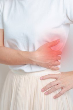 Sırtı ağrıyan kadın. İdrar sistemi ve taşları, böbrek kanseri, dünya böbrek günü, kronik böbrek midesi, karaciğer ağrısı ve pankreas konsepti.