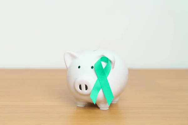 September Ovarian cancer Awareness month, Teal Ribbon with Piggy Bank for support illness life. Health, Donation, Charity, Campaign, Money Saving, Fund and World cancer day concept