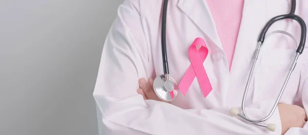 Pink October Breast Cancer Awareness Month Doctor Pink Ribbon Hospital — Stock Photo, Image