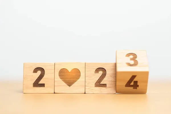 stock image Happy New Year 2024 with heart block for health care, love, organ donation, resolution, charity, happy family, wellbeing and insurance concepts