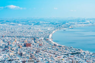 Kar mevsiminde Hakodate Dağı 'ndan güzel manzara ve şehir manzarası. Hokkaido, Japonya 'da önemli ve popüler. Seyahat ve Tatil konsepti.