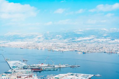 Kar mevsiminde Hakodate Dağı 'ndan güzel manzara ve şehir manzarası. Hokkaido, Japonya 'da önemli ve popüler. Seyahat ve Tatil konsepti.