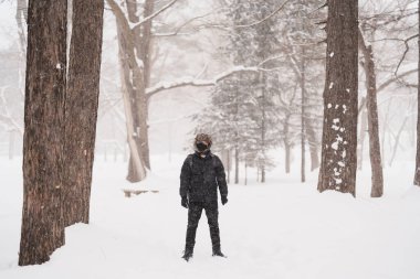 Süveter ve sırt çantalı gezgin soğuk havada karla kaplı ormanda yürüyor. Kış Seyahati, Macera, Keşif ve Tatil Konsepti
