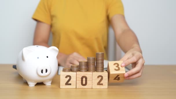 祝大家新年快乐 小猪银行和翻腾2023改为2024块 退休基金 退休金 投资及金融概念 — 图库视频影像