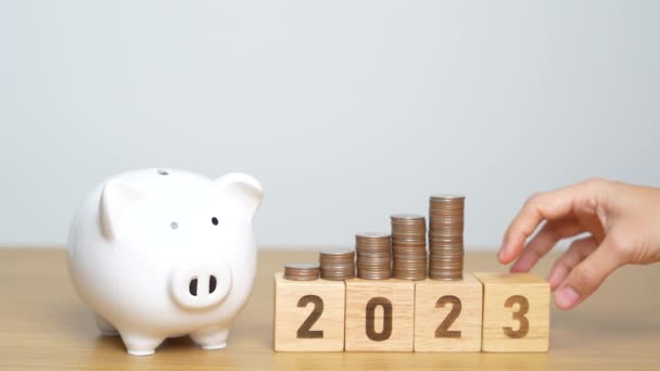 Feliz Ano Novo Com Porquinho Banco Lançando 2023 Mudar Para — Vídeo de Stock