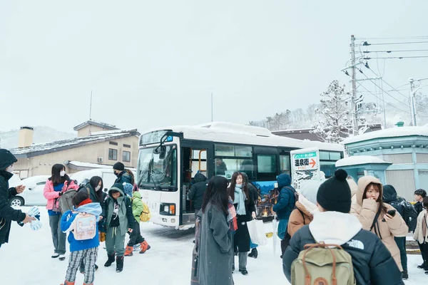 Parada Autobús Ginzan Onsen Para Estación Oishida Con Nevadas Temporada — Foto de Stock