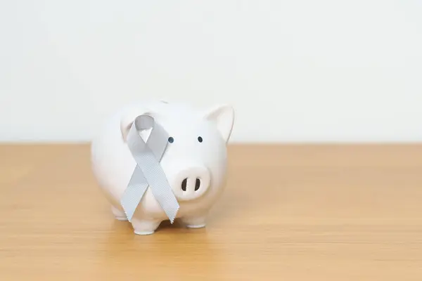 Brain Cancer Awareness May month, Grey Ribbon with Piggy Bank for support illness life. Health, Donation, Charity, Campaign, Money Saving, Fund and World cancer day concept