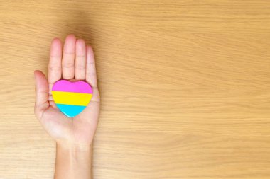 Panseksüel Onur Günü ve LGBT gurur ayı konsepti. Lezbiyen, Gey, Biseksüel, Transseksüel, Eşcinsel ve Panseksüel Topluluğu için pembe, sarı ve mavi kalp şeklinde el ele tutuşmalar