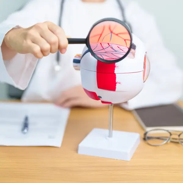 stock image Doctor with human Eye anatomy model with magnifying glass. Eye disease, Refractive Errors, Age Related Macular Degeneration, Cataract, Diabetic Retinopathy, Glaucoma, Amblyopia, Strabismus and Health