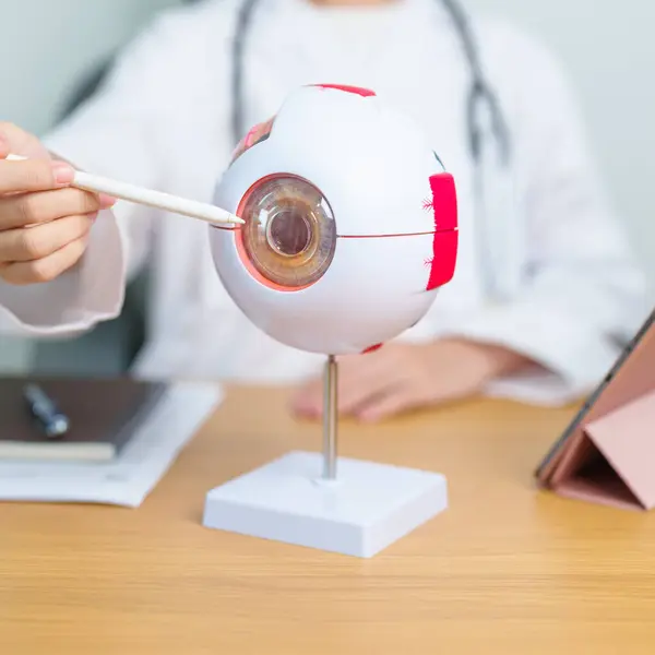 stock image Doctor with human Eye anatomy model with magnifying glass. Eye disease, Refractive Errors, Age Related Macular Degeneration, Cataract, Diabetic Retinopathy, Glaucoma, Amblyopia, Strabismus and Health