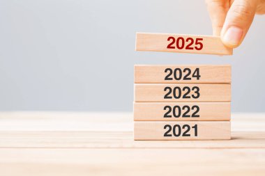 2024 üzerinde 2025 blok ve masa arkasında 2023 ahşap bina. İş planlaması, Risk Yönetimi, Çözüm, Strateji, Çözüm, Hedef, Yeni Yıl Yeni Sen ve Mutlu Noeller kavramları