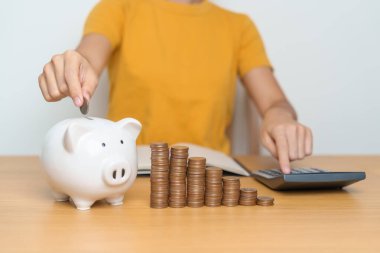 Gelecek Planı, Emeklilik Fonu, Emeklilik Fonu, Yatırım, Servet İşletmeleri ve Mali Konseptler İçin Para Tasarruf. Domuz kumbarasına para yatırmak, Para saymak ve mevduat hesaplamak
