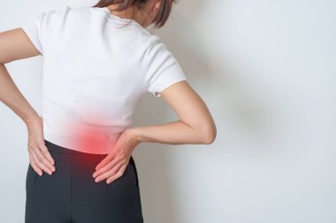 Woman having back pain. Urinary system and Stones, Cancer, world kidney day, Chronic kidney stomach, liver pain and pancreas concept