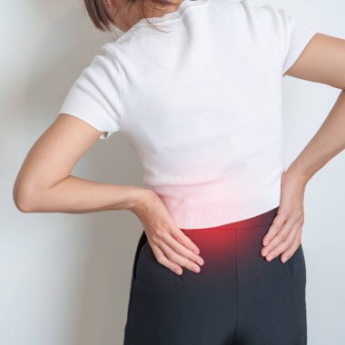 Woman having back pain. Urinary system and Stones, Cancer, world kidney day, Chronic kidney stomach, liver pain and pancreas concept