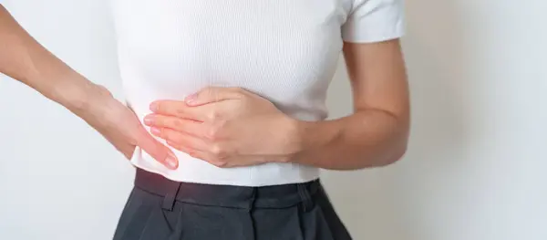 stock image Woman having back pain. Urinary system and Stones, Cancer, world kidney day, Chronic kidney stomach, liver pain and pancreas concept