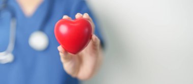 Doktorlar hastanede kırmızı kalp şeklinde tutuyorlar. Aşk, donör, dünya kalp günü, dünya sağlık günü, CSR bağışı ve sigorta kavramları