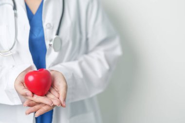 Doktorlar hastanede kırmızı kalp şeklinde tutuyorlar. Aşk, donör, dünya kalp günü, dünya sağlık günü, CSR bağışı ve sigorta kavramları