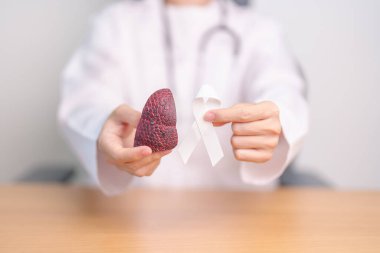 November Lung Cancer Awareness month. Doctor with Smoker Lung anatomy model and White ribbon in hospital. Healthcare and World Cancer day concept