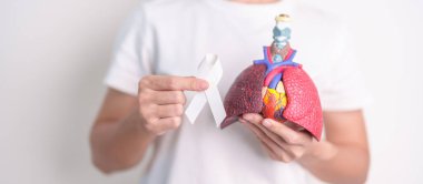 November Lung Cancer Awareness month. Doctor with Smoker Lung anatomy model and White ribbon in hospital. Healthcare and World Cancer day concept