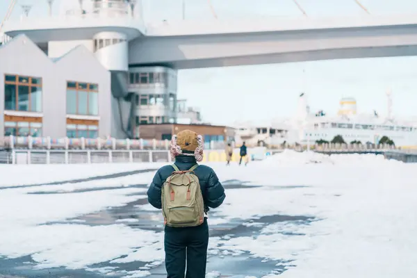 stock image Woman tourist sightseeing Aomori Bay Bridge area, Traveler travel in Aomori city, Aomori Prefecture, Japan. Landmark for tourist attraction, travel and vacation