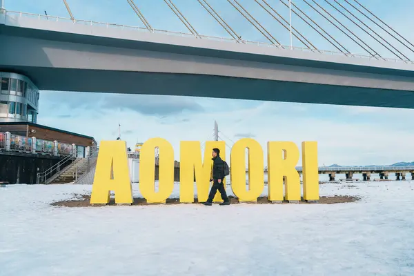 stock image man  tourist sightseeing Aomori Bay Bridge area, Traveler travel in Aomori city, Aomori Prefecture, Japan. Landmark for tourist attraction, travel and vacation