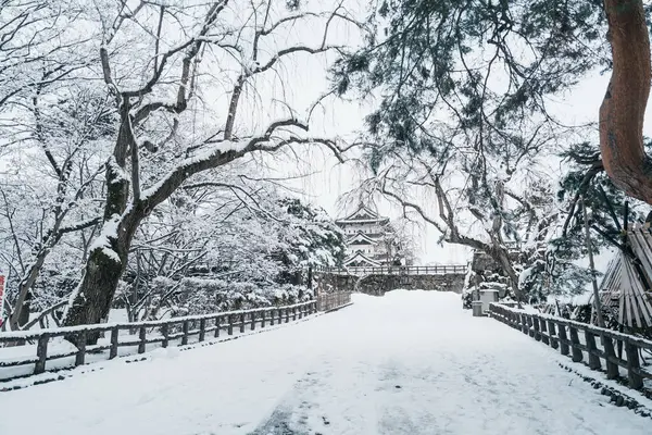 stock image White Hirosaki Castle or Takaoka Castle with snow in winter, hirayama style Japanese castle located in Hirosaki city, Aomori Prefecture, Tohoku, Japan. Landmark for tourist attraction. Japan travel