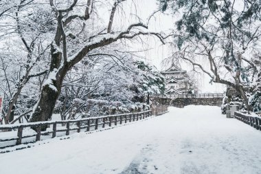 Beyaz Hirosaki Kalesi ya da kışın karlı Takaoka Kalesi, Hirosaki şehrinde bulunan Hirayama tarzı Japon kalesi, Tohoku, Japonya. Turistlerin ilgi odağı. Japonya gezisi