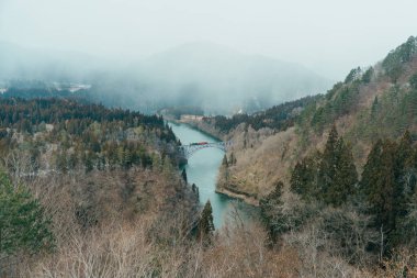 Tadami nehri ve köprüsü olan Japon treninin panoramik görüntüsü. Mishima Machi, Aizu 'daki Tadami Demiryolu Hattı, Fukushima Bölgesi, Japonya. Turistlerin uğrak yeri ve simgesi.