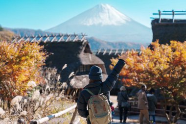 Woman tourist with mount Fuji at Saiko Iyashino Sato Nenba in Autumn season, happy Traveler travel Mt Fuji, Yamanashi, Japan. Landmark for tourist attraction. Japan Travel, Destination and Vacation clipart