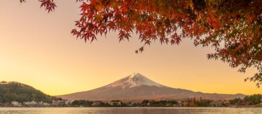 Sonbahar mevsiminde Kawaguchi Gölü 'nde Fuji Dağı manzarası. Fujikawaguchiko Dağı, Yamanashi, Japonya. Turistler için dönüm noktası. Japonya Seyahat, Varış, Tatil ve Fuji Dağı konsepti