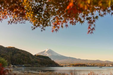 Sonbahar mevsiminde Kawaguchi Gölü 'nde Fuji Dağı manzarası. Fujikawaguchiko Dağı, Yamanashi, Japonya. Turistler için dönüm noktası. Japonya Seyahat, Varış, Tatil ve Fuji Dağı konsepti