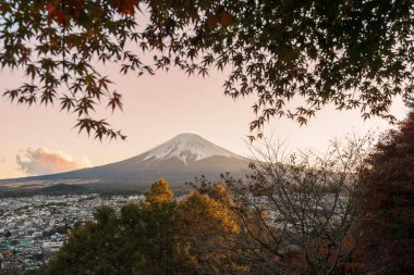 Sonbahar mevsiminde Fuji Dağı manzarası, Chureito Pagoda, Yamanashi, Japonya 'da renkli sonbahar yaprakları. Turistler için dönüm noktası. Japonya Seyahat, İstikamet, Tatil ve sezon değişimi konsepti
