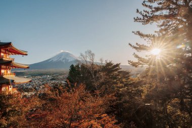 Fuji Dağı, Chureito Pagoda 'da sonbahar sezonunda, Fujisan Dağı Arakurayama Sengen Parkı, Yamanashi, Japonya. Turistler için dönüm noktası. Japonya Seyahat, Varış, Tatil ve Fuji Dağı Günü