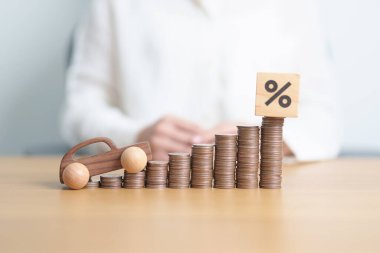 Araba modeli ve para birikintisi ile yüzde bloğu. Araba kredisi ve borcu, Faiz oranı, Sigorta, Finansal, Araç Tamiri, Otomobil Vergisi, mortgage ve Bakım kavramları