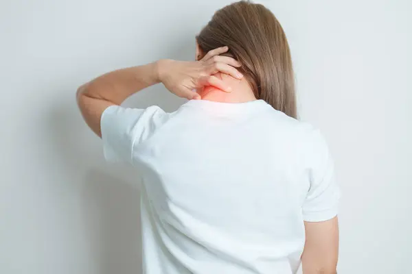 stock image Woman having Neck and Shoulder pain at home. Muscle painful due to Myofascial pain syndrome and Fibromyalgia, rheumatism, Scapular pain, Cervical Spine. ergonomic concept