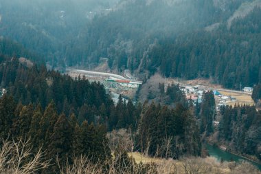 Tadami nehri ve köprüsü olan Japon treninin panoramik görüntüsü. Mishima Machi, Aizu 'daki Tadami Demiryolu Hattı, Fukushima Bölgesi, Japonya. Turistlerin uğrak yeri ve simgesi.