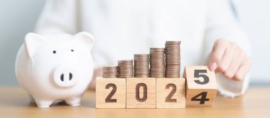 2024 yılı sonunda domuzcuk kumbarasıyla mutlu yıllar 2025 'e. Çözüm, Hedefler, Plan, Eylem, Para Tasarruf, Emeklilik Fonu, Emeklilik, Yatırım ve Mali kavramlar