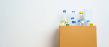 Evdeki ya da ofisteki karton kutuda plastik şişe. Çöpü geri dönüşüm sıralaması. Plastiksiz, Ekoloji, Çevre, Kirlilik, Geri dönüşüm, Atık Yönetimi ve Çöp Ayırma Konsepti