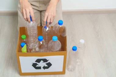 Gönüllü, plastik şişeyi evde ya da ofiste karton kutuya koyuyor. Geri Dönüşüm çöpünü elle ayırmak. Ekoloji, Çevre, Kirlilik, Geri dönüşüm, Atık Yönetimi ve Çöp Ayrıştırma Konsepti