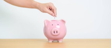 Gelecek Planı, Emeklilik Fonu, Emeklilik Fonu, Yatırım, Servet İşletmeleri ve Mali Konseptler İçin Para Tasarruf. El ele tutuşup domuz kumbarasına yatırmak, Dünya Tasarruf Günü için Para Saymak ve Bağışlamak