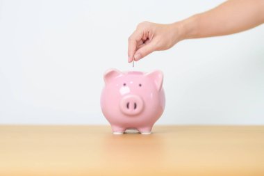 Gelecek Planı, Emeklilik Fonu, Emeklilik Fonu, Yatırım, Servet İşletmeleri ve Mali Konseptler İçin Para Tasarruf. El ele tutuşup domuz kumbarasına yatırmak, Dünya Tasarruf Günü için Para Saymak ve Bağışlamak