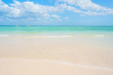 Tropikal adada kristal mavi deniz manzaralı güzel bir sahil. Duvar kağıdı, yaz tatili ve deniz manzarası 