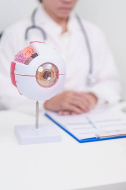 Yaşlı Hasta Göz Hastalıkları Uzmanı, Kıdemli Tıbbi Teşhis. Katarakt, Glaukoma, Yaşla İlgili Maküler Dejenerasyon, Diyabet Retinopati, Vitreöz, Sağlık Konsepti için Anatomi Göz Modeli