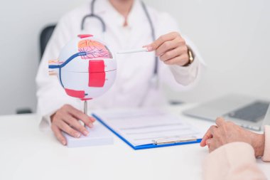 Yaşlı Hasta Göz Hastalıkları Uzmanı, Kıdemli Tıbbi Teşhis. Katarakt, Glaukoma, Yaşla İlgili Maküler Dejenerasyon, Diyabet Retinopati, Vitreöz, Sağlık Konsepti için Anatomi Göz Modeli