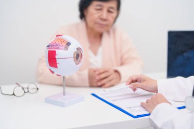 Yaşlı Hasta Göz Hastalıkları Uzmanı, Kıdemli Tıbbi Teşhis. Katarakt, Glaukoma, Yaşla İlgili Maküler Dejenerasyon, Diyabet Retinopati, Vitreöz, Sağlık Konsepti için Anatomi Göz Modeli